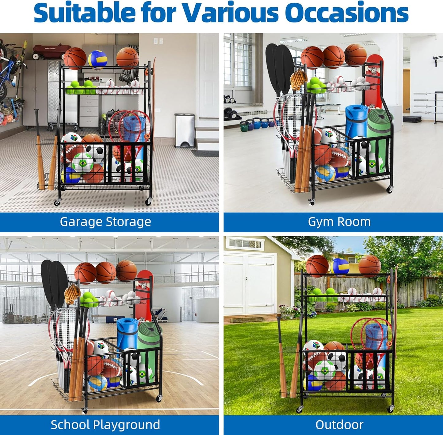 Garage Sports Equipment Organizer, Ball Storage Rack,Garage golf Organizer with Basket and Hooks,Rolling Sports Ball Storage Cart for Toy Gear Storage (45.71 inch)