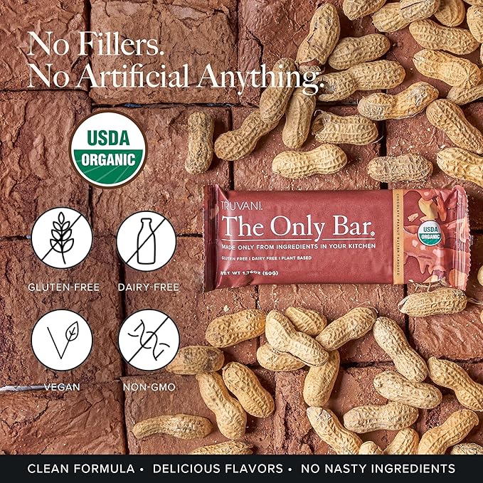 Truvani Plant Based Snack Bars | Chocolate Peanut Butter 1 Pack | 7g Protein | USDA Organic and Vegan | The Only Bar | Dairy, Soy, and Gluten Free | Individually Wrapped
