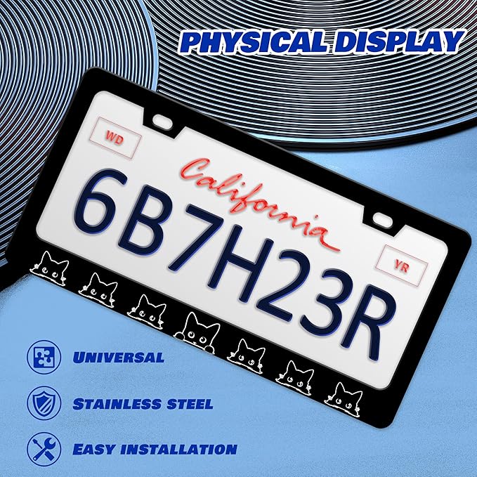 2 Pcs Black Cat License Plate Frame Pet Animal License Plate Holder Personalise Stainless Steel Funny Design Compatible with Standard License Plate Frames for USA and Canada 6 X 12 Inch 2 Holes