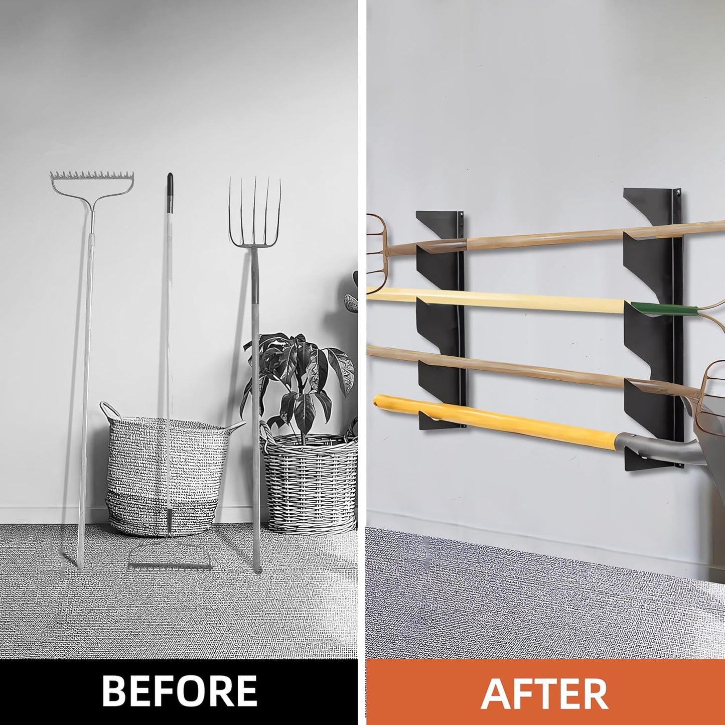 CZWL&HG Heavy-Duty Garden Tool Organizer Wall Mount – Garage Wall Storage Rack for Shovels, Rakes & Long-Handled Tools – Solid Steel, Holds 250 lbs