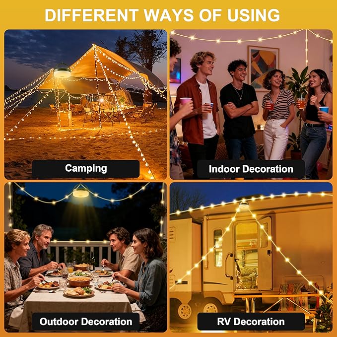 Solar Camping String Lights, Retractable Waterproof 33FT LED Camp Light with 13 Light Modes, Rechargeable 3000mAh Battery Powered Fairy Lights with Remote for Outdoor, Tent, RV, Patio, Awning, Party
