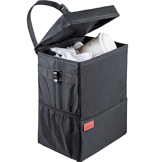 Lusso Gear Car Trash Can, 3.5 Gallon Capacity, Black Color, Manual-Lift Opening Mechanism