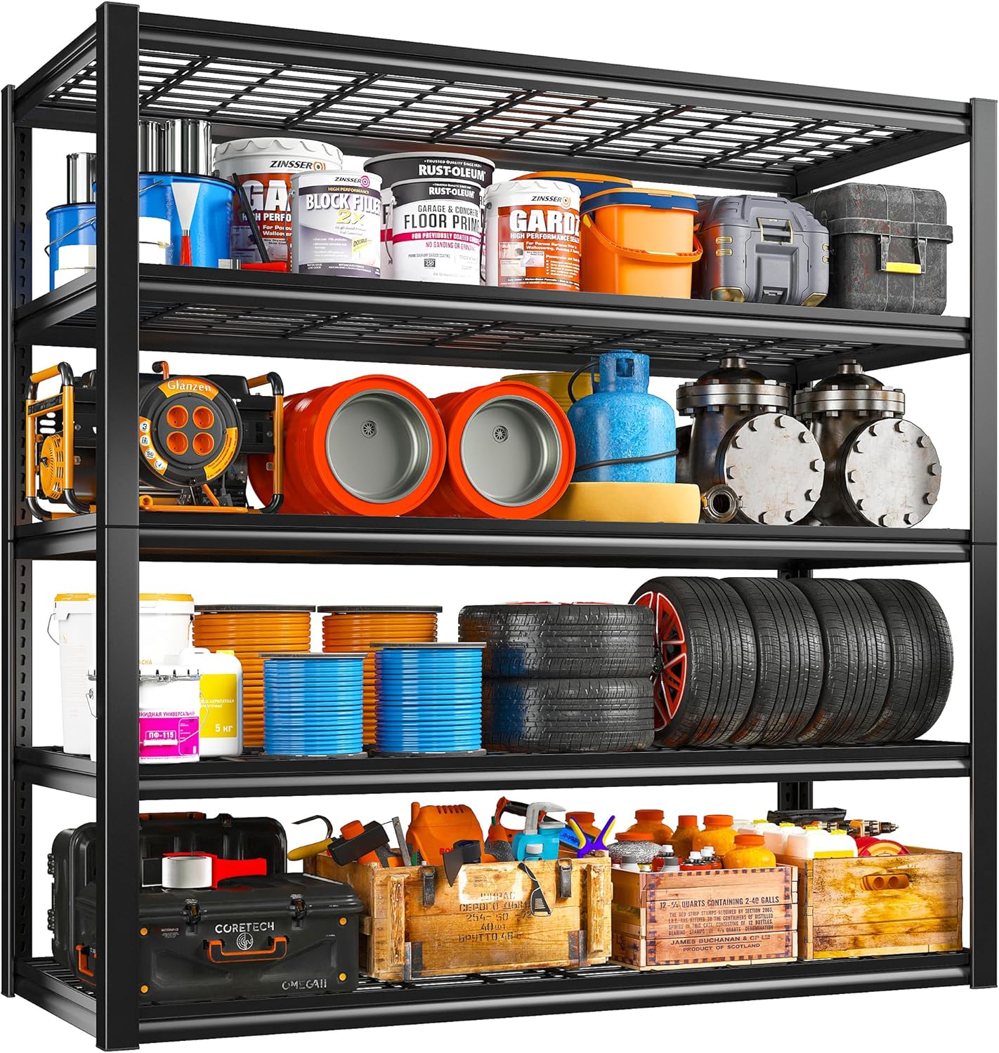 REIBII 48" W Garage Shelving Heavy Duty Load 2500LBS, 5 Tier Storage Shelves, Adjustable Metal Shelves for Warehouse, Pantry, Basement, 48" W X 72" H X18 D