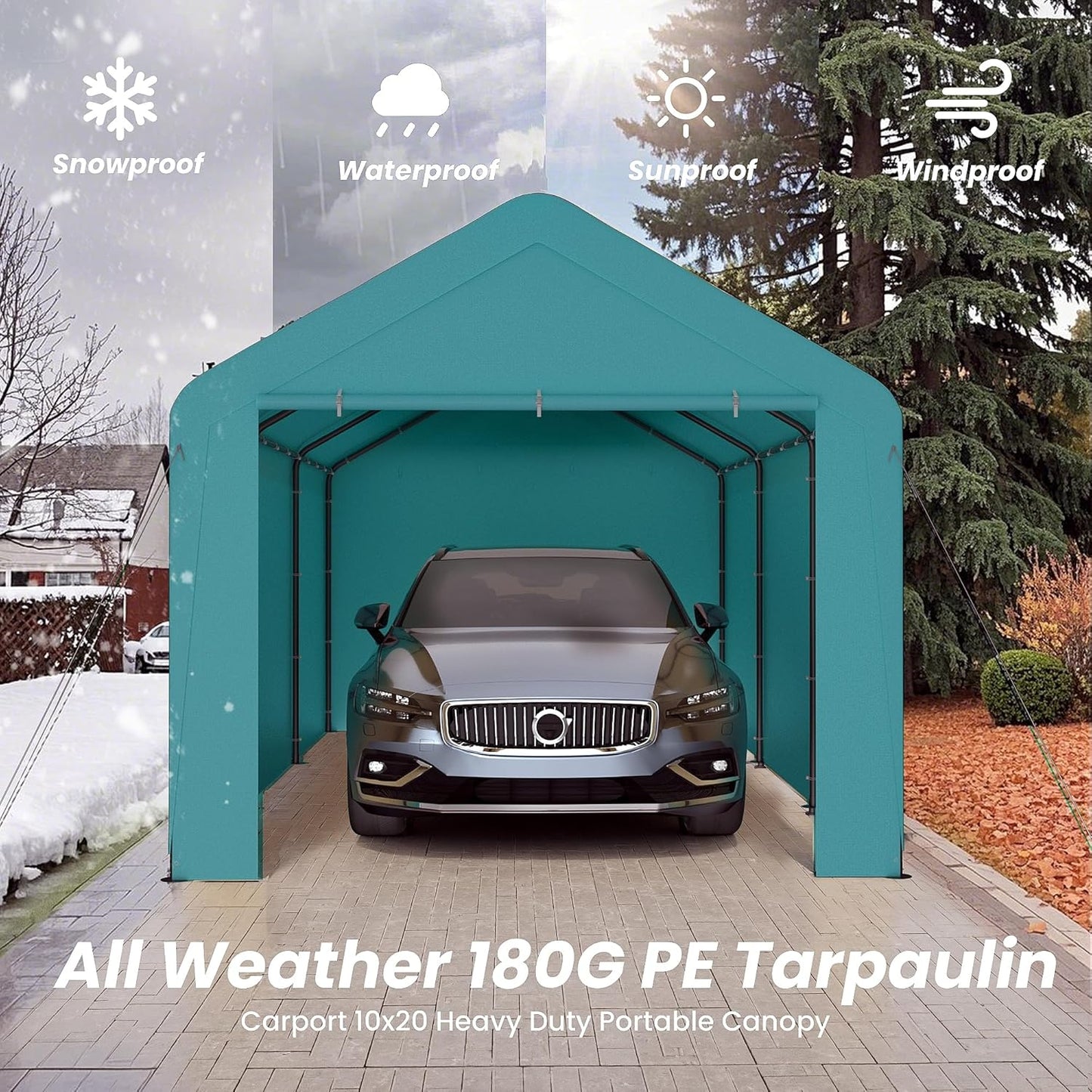 Carport 10x20 Heavy Duty Portable Garage w/Removable Sidewalls & Roll-Up Door Car Canopy Party Tents Waterproof UV Resistant All Weather Car Port for Trucks,Boats(Green)