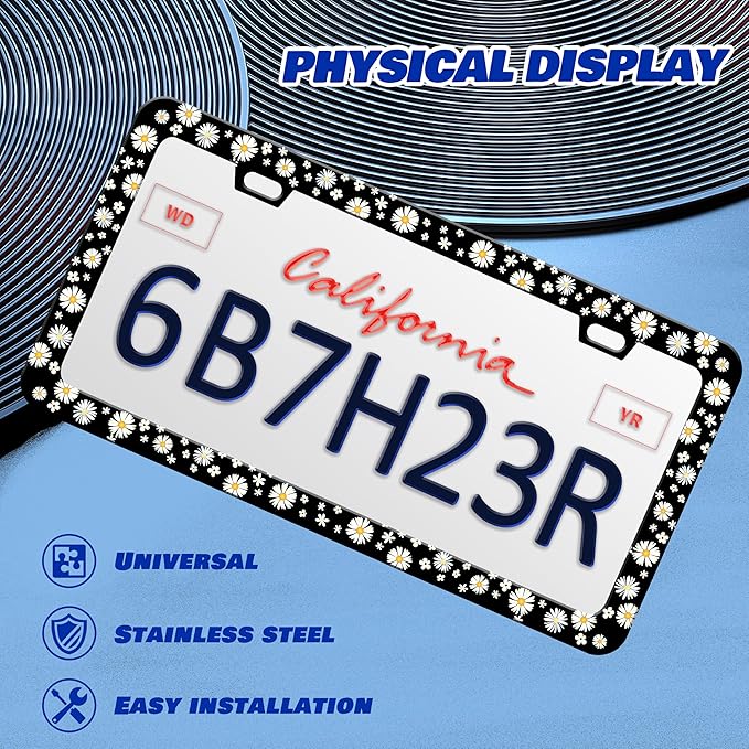 2 Pcs Beautiful Daisy License Plate Frame Daisies License Plate Holder Personalise Stainless Steel Funny Design Compatible With Standard License Plate Holder For Usa And Canada 6 X 12 Inch With Screws