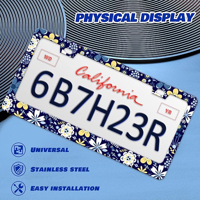 2 Pcs Colorful Flowers License Plate Frame Floral License Plate Holder Personalise Stainless Steel Funny Design Compatible with Standard License Plate Frames for USA and Canada 6 X 12 Inch with Screws