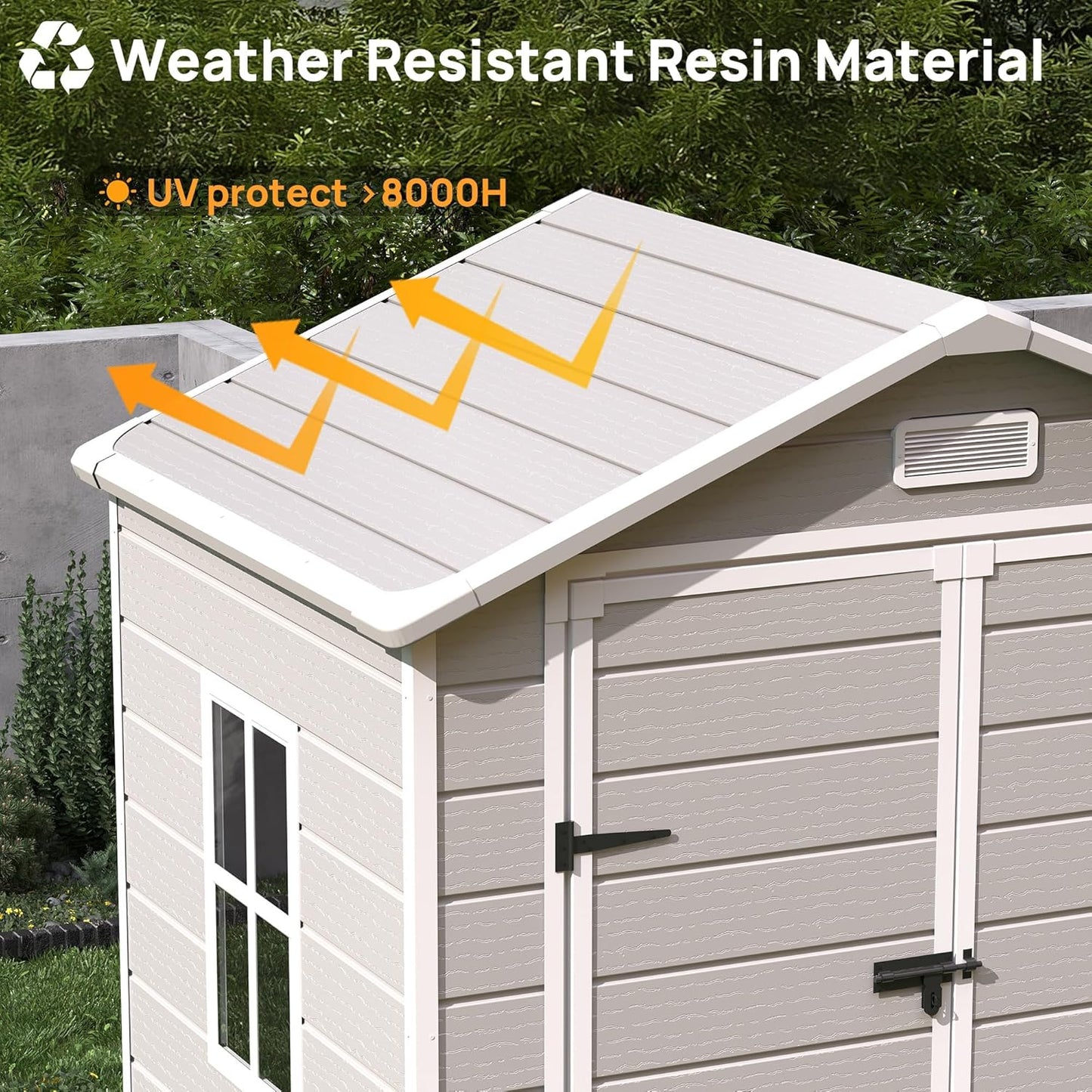 Resin Outdoor Storage Shed with Floor, 8x10.5 FT Plastic Garden Shed with Lockable Door & Window for Bike, Garbage Can, Lawn Mower, Bedge