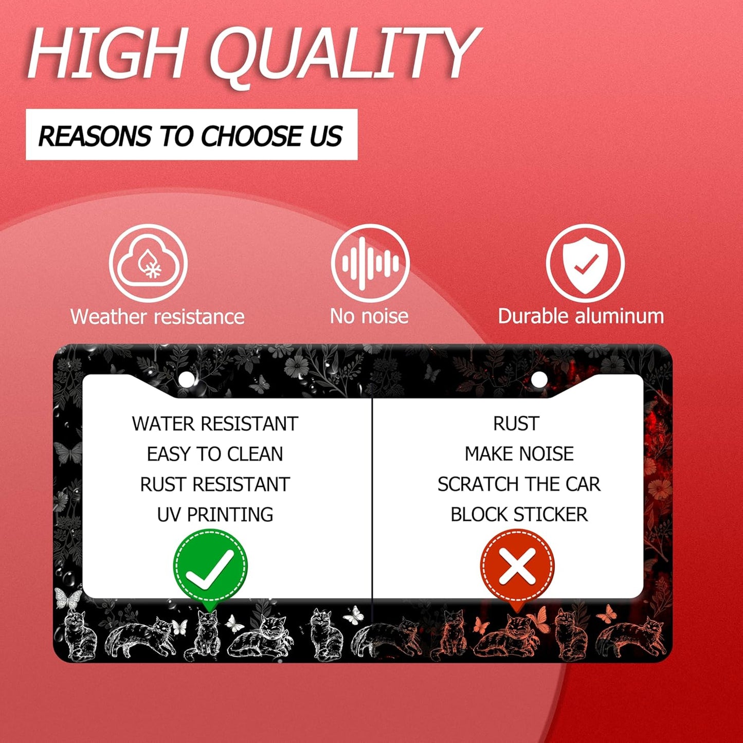 Black White Cat License Plate Frame Butterfly Floral License Plate Frames Funny Auto Accessories Bracket Stainless Steel License Plate with Screws 6x12Inch