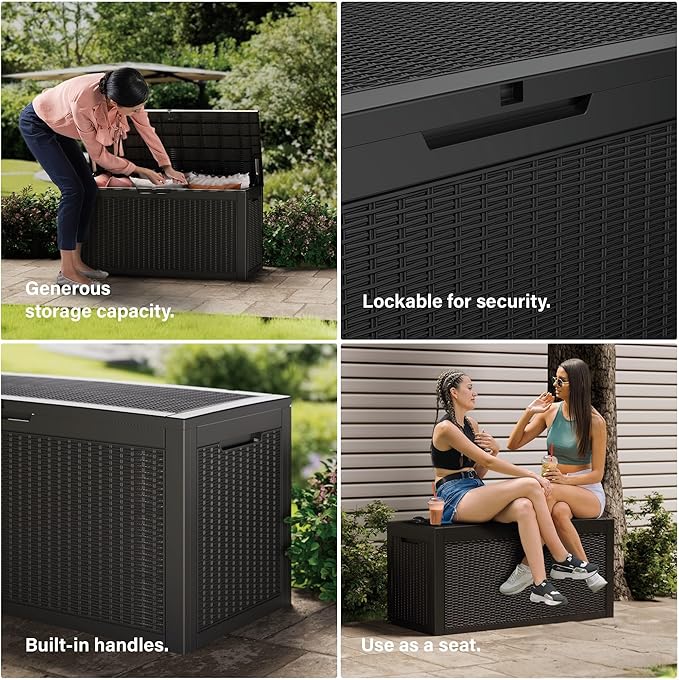 Heavy-Duty 100 Gallon Outdoor Storage Box - All-Weather Patio & Garden Storage Box Waterproof, Lockable Resin Deck Chest for Pool Accessories, UV-Resistant, Obsidian Black