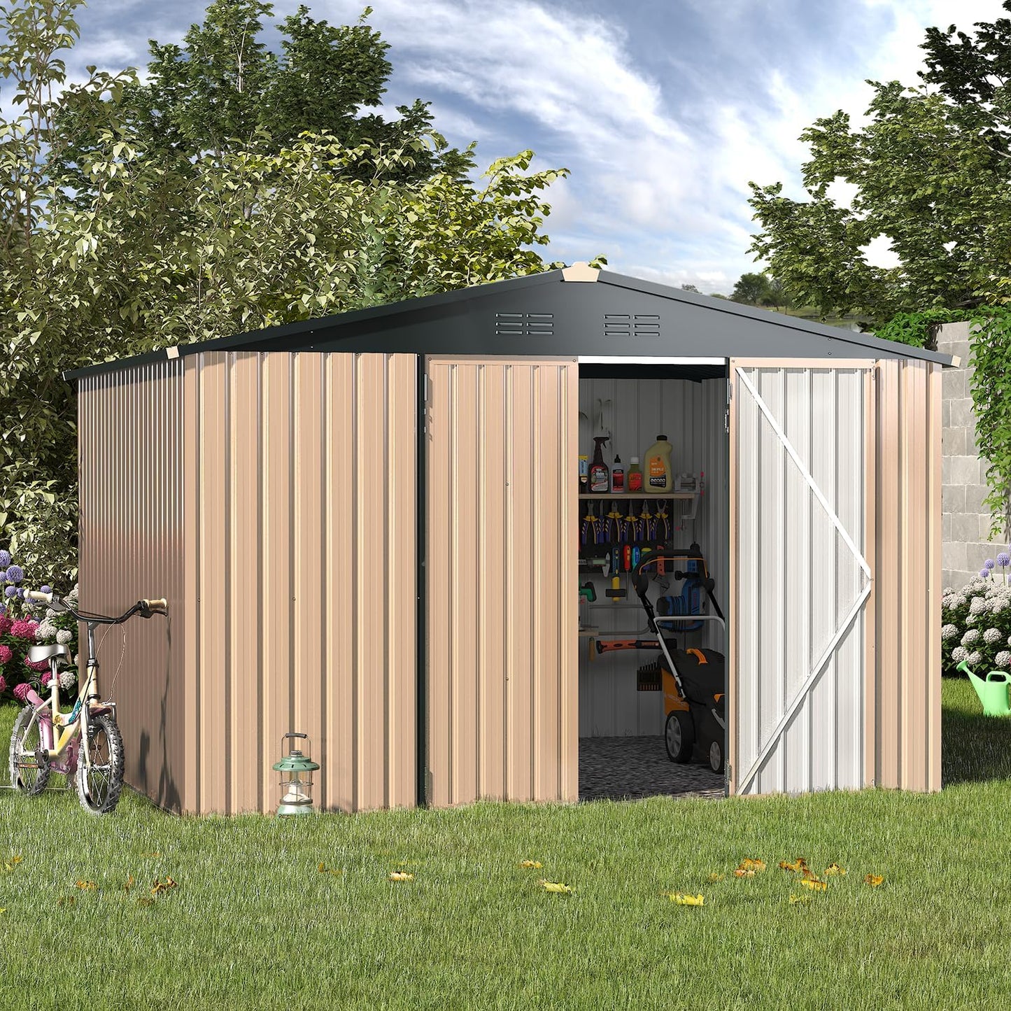 AECOJOY Shed 8' x 10' Outdoor Storage Metal Shed, Steel Yard Shed with Design of Lockable Doors, Utility and Tool Storage for Garden, Backyard, Patio, Outside use