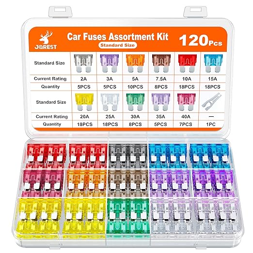 JOREST 120Pcs Standard Fuse Kit, Car Fuses Assortment Kit,Blade Fuses Automotive for RV Vehicle Motorcycle (2Amp 3A 5A 7.5A 10A 15A 20A 25A 30A 35A 40A) + Auto Fuse Puller