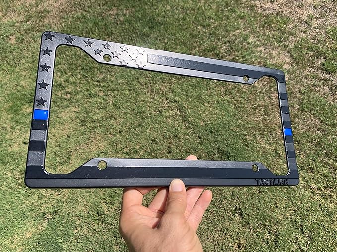 TACTILIAN American Flag License Plate Frame - Subdued 3D Embossed USA Flag in Black Gloss on Matte Finish for Car, Truck or SUV (Thin Blue Line)