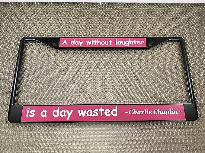 Custom Personalized Black Powder-Coated Metal Laser Engraved Standard Size - Car/Automobile License Plate Frame with Free caps - Pink/White Text (Qty: 1 Frame)