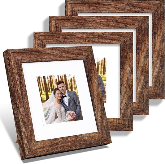6x6 Picture Frame Set of 4, Made of Glass and Rustic Brown Wooden Frame - Display Picture 4x4 with Mat or 6 x 6 Without Mat, 6x6 Photo for Wall or Tabletop