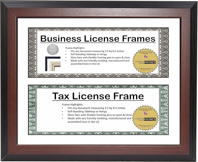 Creative Picture Frames Dl8.5X11Mh-W Mahogany Finish Double Business License Frame With Two 3X8.5-Inch Opening Mat Including Easel Stand And Wall Hangers