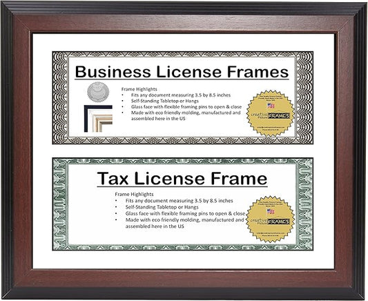 Creative Picture Frames Dl8.5X11Mh-W Mahogany Finish Double Business License Frame With Two 3X8.5-Inch Opening Mat Including Easel Stand And Wall Hangers