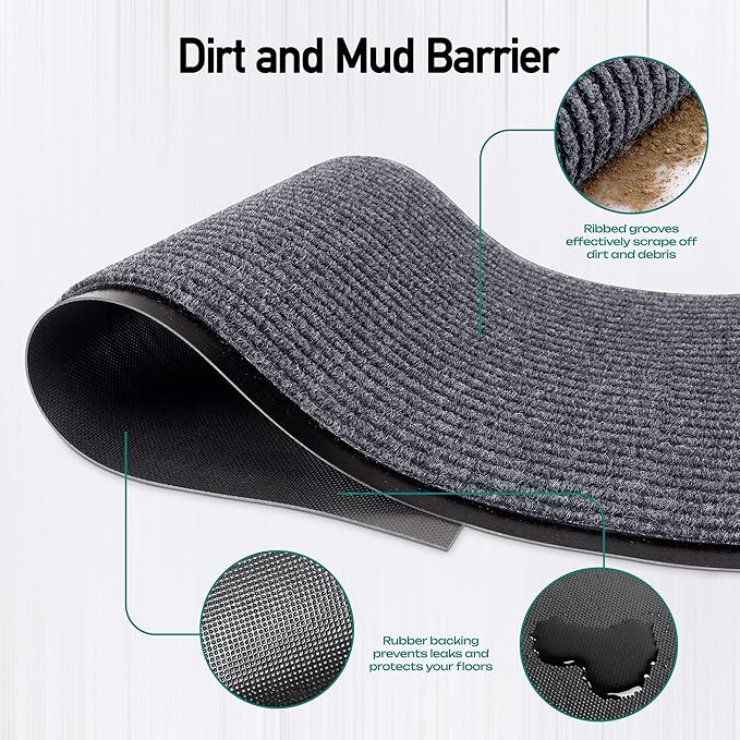 MaxMat® Large Rubber Doormat - Heavy Duty, Commercial Grade, Waterproof, Low-Profile, Easy to Clean Floormat (4 x 6 Feet, Grey, MXM-RIB0046GY)