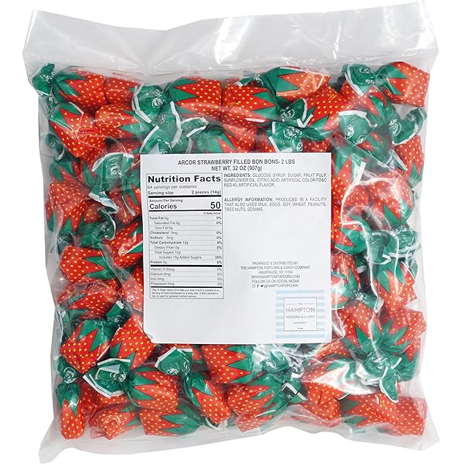 Arcor Strawberry Bon Bons Hard Candy, 2 Pound (Approx. 150 pcs.), Arcor Strawberry Candy Individually Wrapped, Strawberry Candies, The Hampton Popcorn & Candy Company