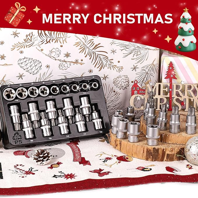 TOPLINE 19-Piece 1/2” Drive E-Torx Socket Set and Torx Bit Socket Set, with Storage case, Premium CR-V Steel, E10-E24, T20-T70, E Socket Set for Mechanic and Home Repair