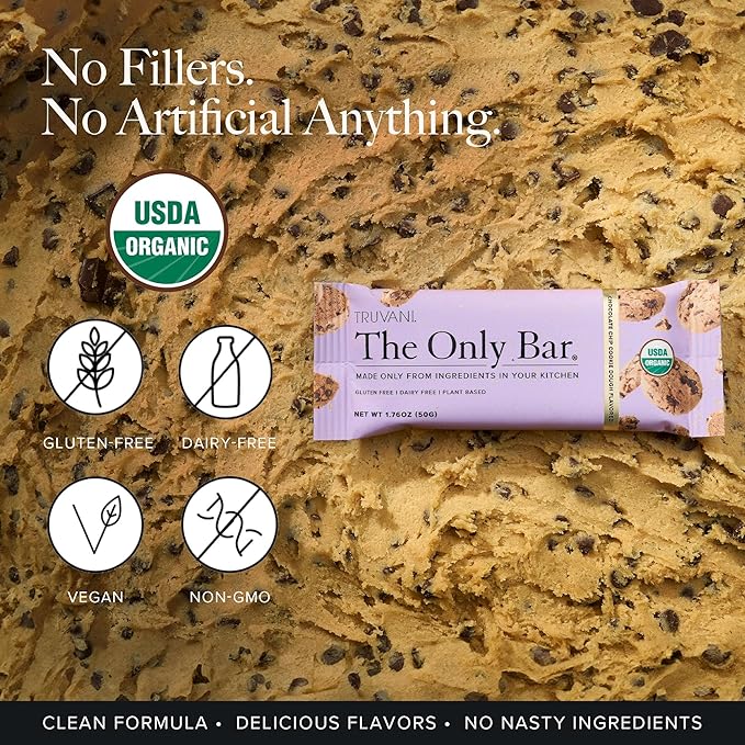Truvani Plant Based Snack Bars | Chocolate Chip Cookie Dough 1 Pack | 5g Protein | USDA Organic and Vegan | The Only Bar | Dairy, Soy, and Gluten Free | Individually Wrapped
