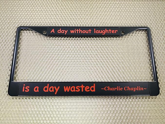 Custom Personalized Black Powder-Coated Metal Laser Engraved Standard Size - Car/Automobile License Plate Frame with Free caps - Black/Red Text (Qty: 1 Frame)