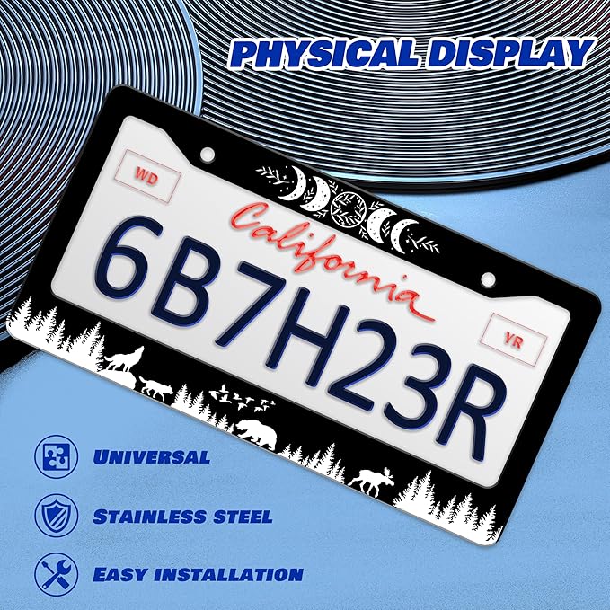 2 Pcs Moon Phases License Plate Frame Wolf Bear Deer License Plate Holder Personalise Stainless Steel Funny Design Compatible with Standard License Plate Frames for USA Canada 6 X 12 in 2 Holes