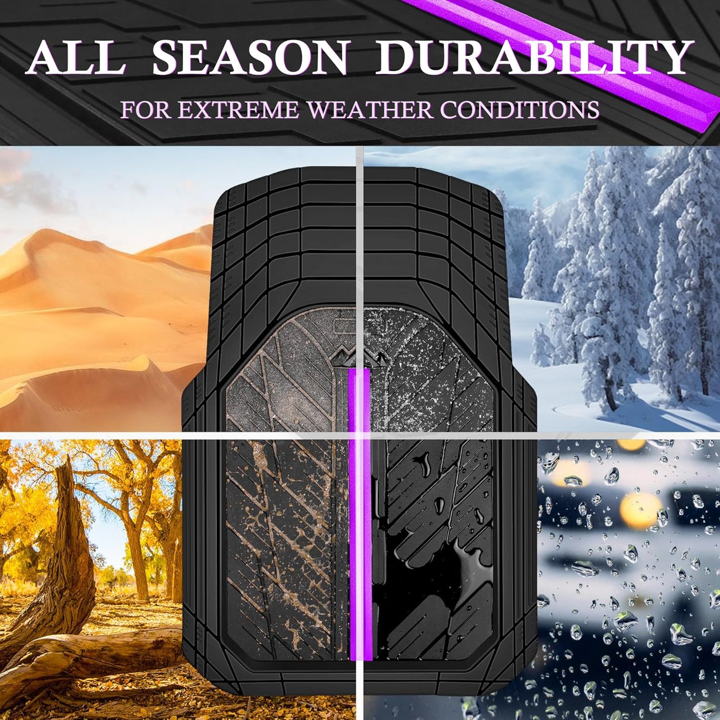 CAR PASS Metal Medium Rubber Floor Mats for Car Heavy Duty Car Mats All Weather, Universal Trim to Fit for Truck SUV Vehicle Automotive Floor Mats, Waterproof Car Mats 4 Piece Black Purple
