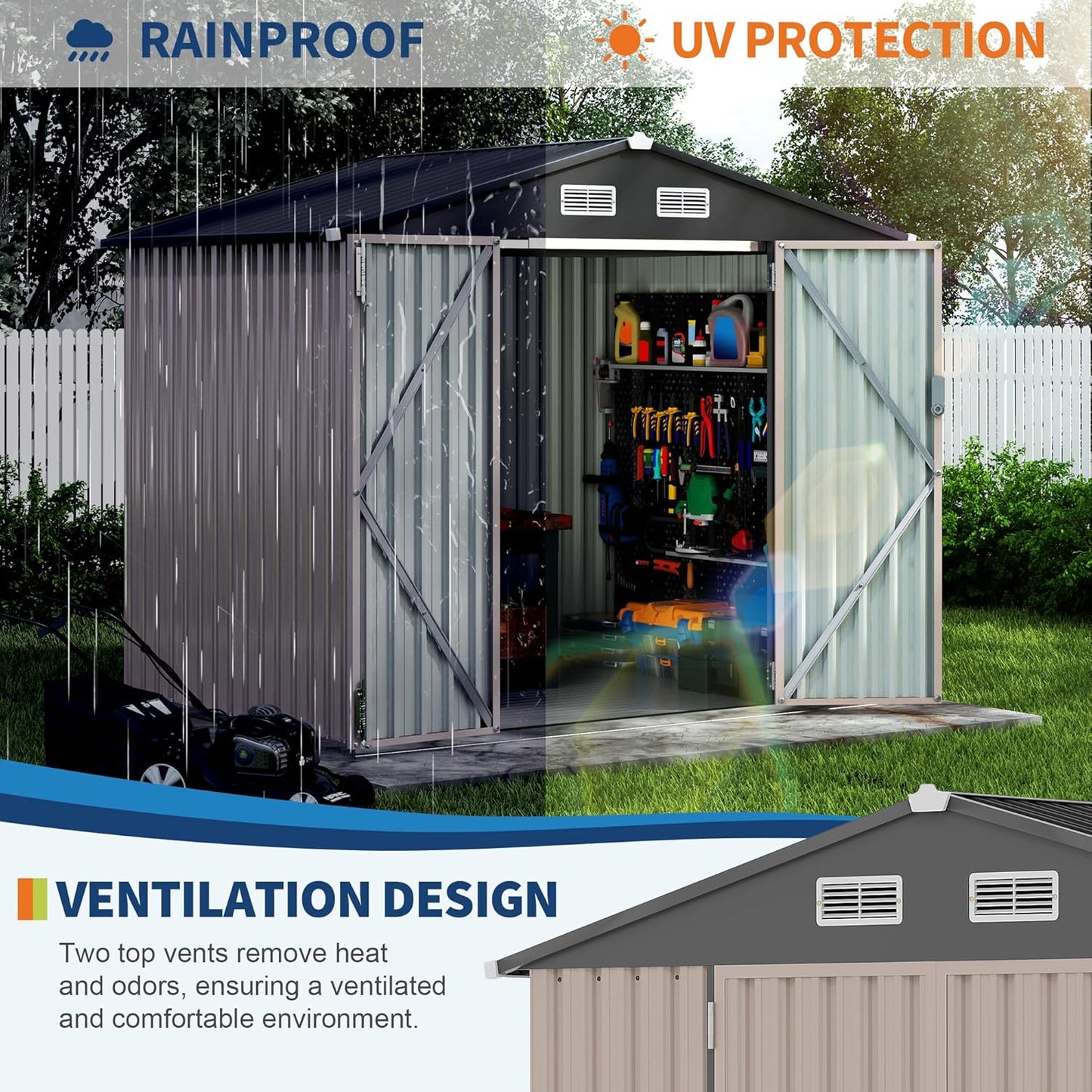 6x8x6.4 FT Outdoor Storage Sheds with Floor, Metal Garden Tool Shed for Backyard, Large Metal Sheds Outdoor Storage With Lockable Doors & Air Vents for Backyard Garden Patio Lawn