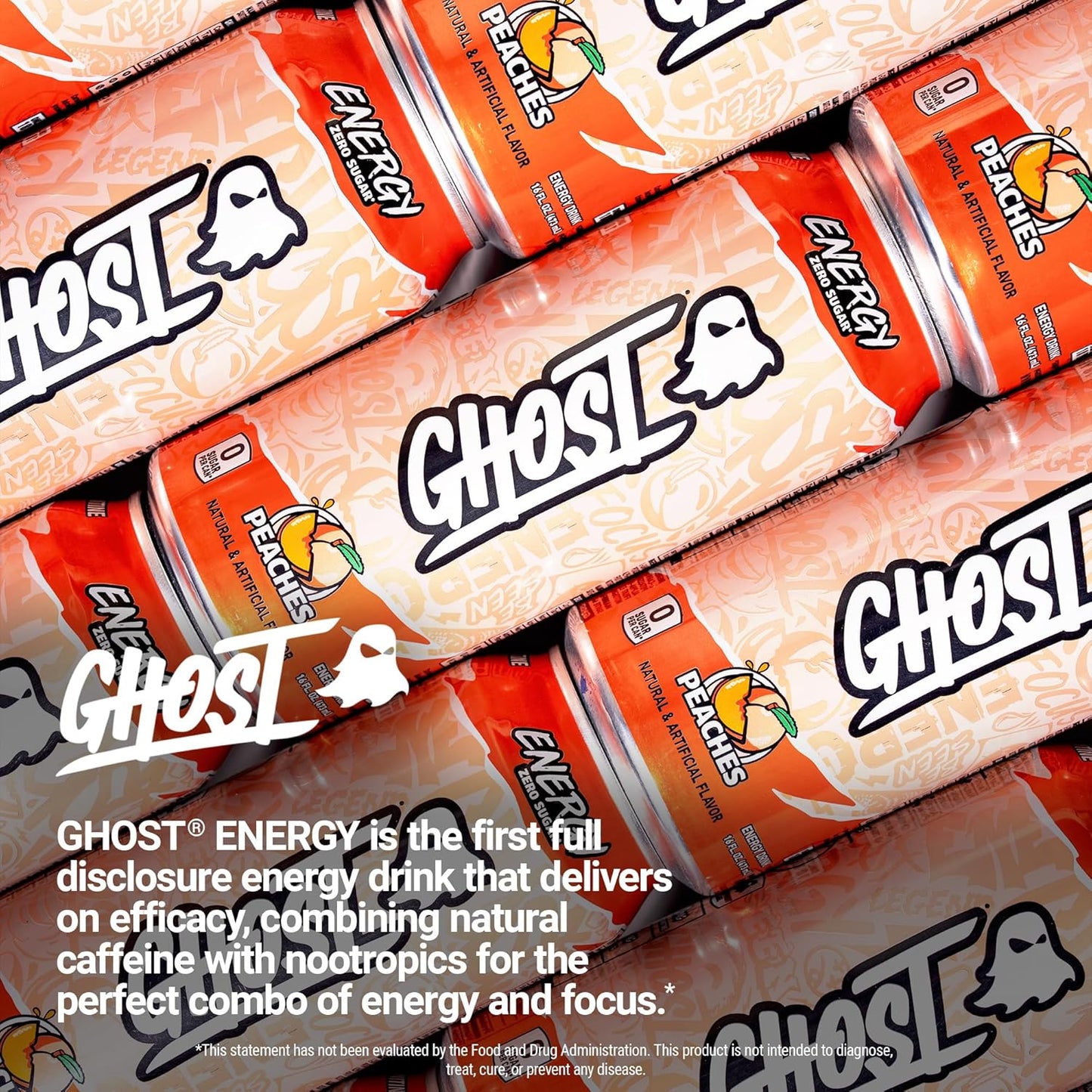 GHOST Energy Drink - 12-Pack, Peaches, 16oz - Energy & Focus & No Artificial Colors - 200mg of Natural Caffeine, L-Carnitine & Taurine - Gluten-Free & Vegan