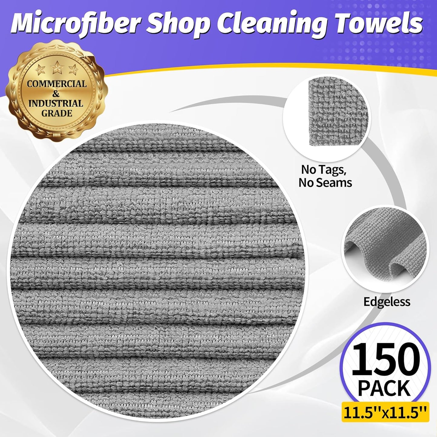 HOMERHYME Microfiber Cleaning Cloth,150 Pack Grey Cleaning Rags, Bulk All-Purpose Lint-Free Shop Towels Wipes, Commercial Micro Fiber Cleaning Towels Washcloth for Car Garage Housekeeping 11.5"*11.5"