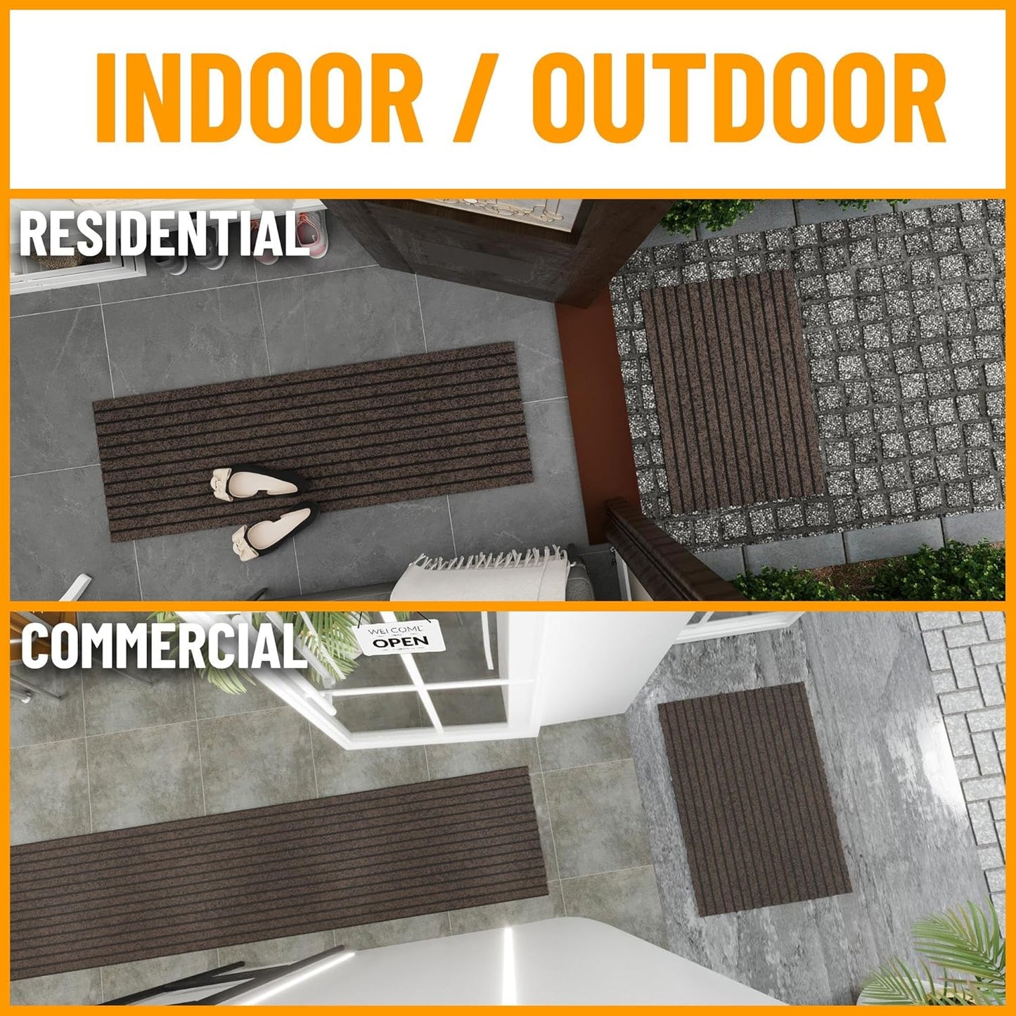 Ottomanson 2'7" x 51' Hallway Runner with Scraper Pile - Extra Durable Non-Slip Rug Mat for Indoor & Outdoor Use - Ideal for Kitchen, Entryway & Garage - High-Traffic Carpet, Brown