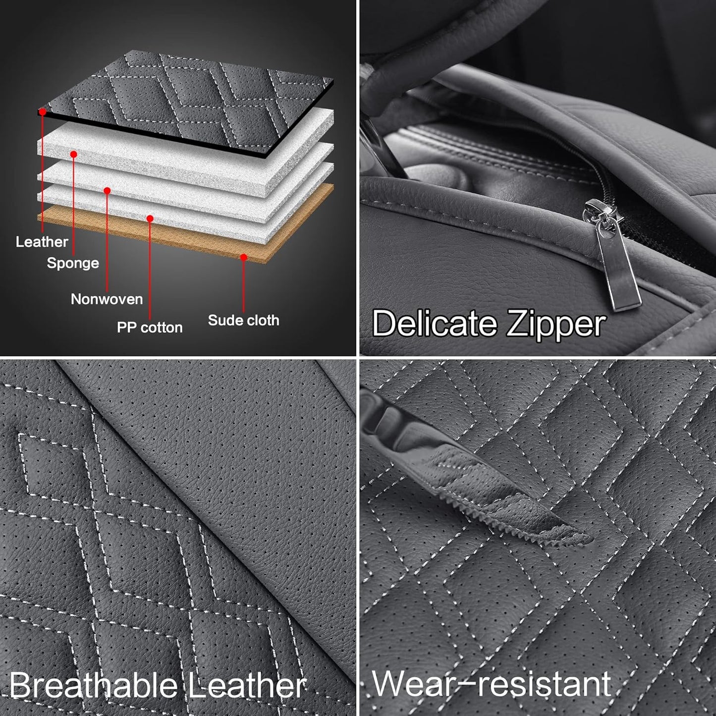 Pariitadin Leather Car Seat Covers Full Set, Waterproof Breathable Faux Leather Automotive Seat Covers for Cars, Non-Slip Car Interior Covers Universal Fit Most Cars Sedans Trucks SUVs, Gray