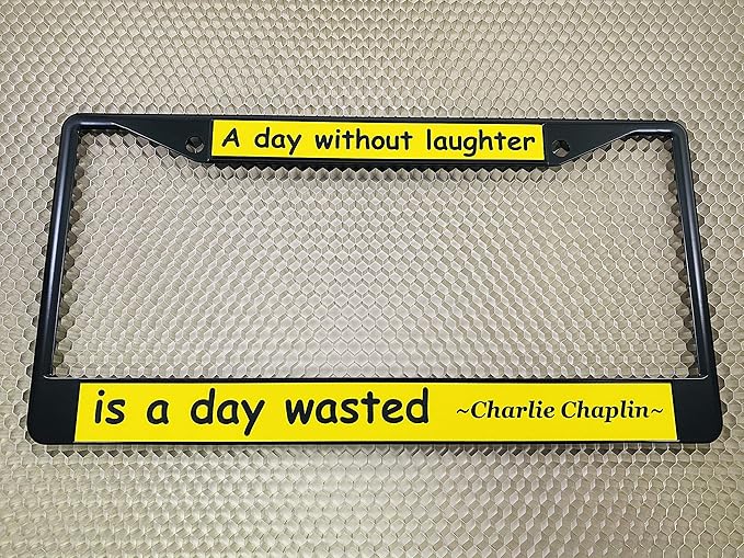 Custom Personalized Black Powder-Coated Metal Laser Engraved Standard Size - Car/Automobile License Plate Frame with Free caps - Yellow/Black Text (Qty: 1 Frame)