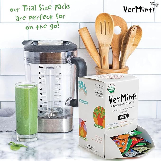 VerMints Organic Breath Mints – Travel Size Peppermints, Ginger Mints, Wintergreen, Cinnamon, Chai & Cafe Express Flavored Candy - Non-GMO, Gluten-Free, Vegan & Kosher Healthy Refresh - 120 Count