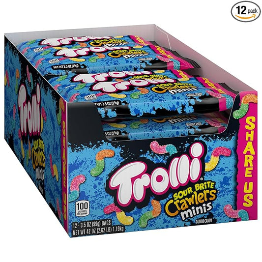 Trolli Sour Brite Crawlers Mini Sharepack, Sour Gummy Worms, 3.5 Ounce Packs (Pack of 12)