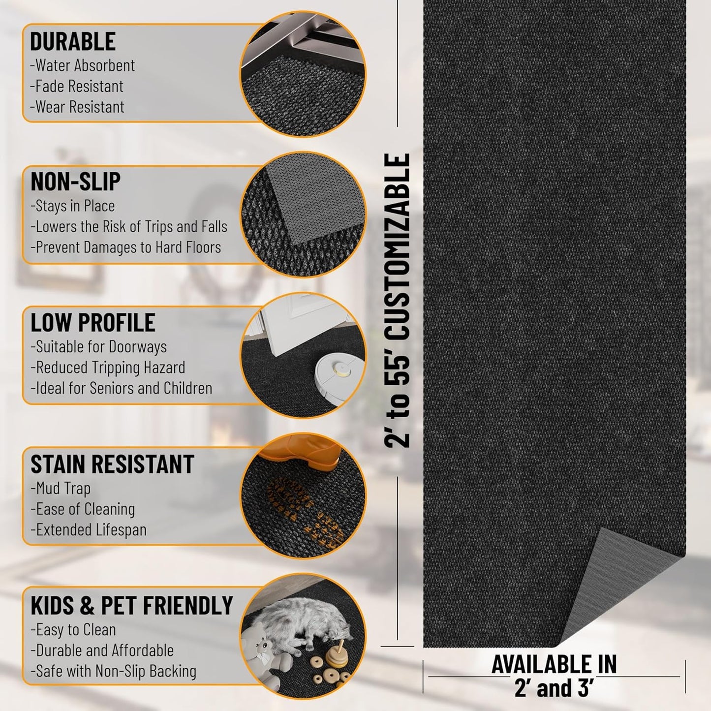 Ottomanson 2'7" x 22' Hallway Runner with Scraper Pile - Extra Durable Non-Slip Rug Mat for Indoor & Outdoor Use - Ideal for Kitchen, Entryway & Garage - High-Traffic Carpet, Black