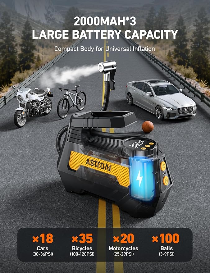 AstroAI H2 Pro Tire Inflator Portable Air Compressor Fully Upgraded Air Pump with DC 12V/Battery Dual Power Supplies Digital Pressure Gauge Fast Inflation Pump for Cars Motorcycles Bikes Gift Yellow