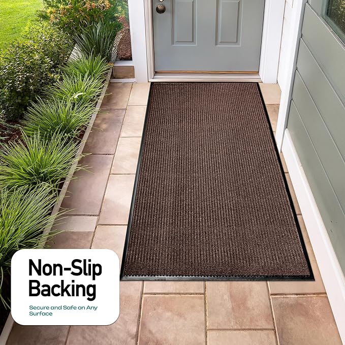 MaxMat® Heavy Duty Rubber Door Mat - Large Commercial, Waterproof, Low-Profile, Easy to Clean Floor Mat (4 x 8 Feet, Brown, MXM-RIB0048BR)