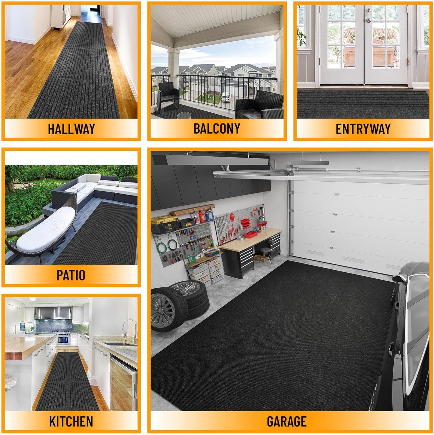 Ottomanson 2' x 42' Hallway Runner with Scraper Pile Extra Durable Non-Slip Rug Mat for Indoor & Outdoor Use - Ideal for Kitchen, Entryway, Patio & Garage - High-Traffic Carpet, Black