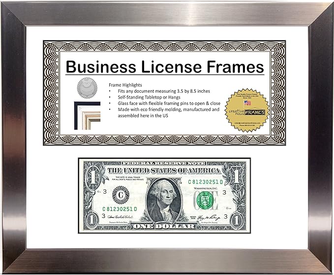 Creative Picture Frames 11Ss-W Stainless Steel First Dollar Frame With Business License, 3.5X8.75 License Including Self Standing Easel And Wall Hanger