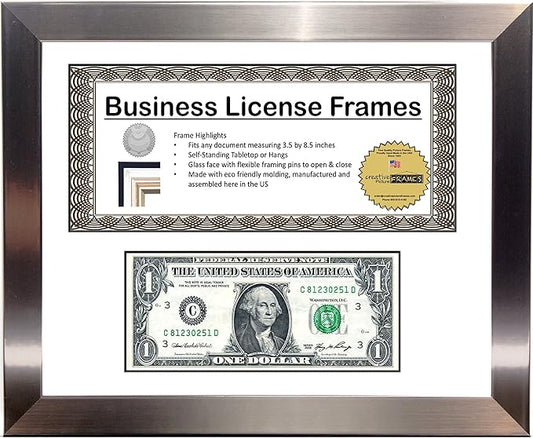 Creative Picture Frames 11Ss-W Stainless Steel First Dollar Frame With Business License, 3.5X8.75 License Including Self Standing Easel And Wall Hanger