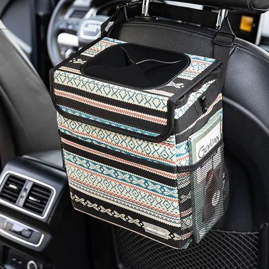 Car Garbage Can Cute - Leak-Proof Car Trash Can with Lid and Storage Pockets, Car Trash Bin for Men and Women, Boho Aztec Essentials: Must-Have Car Interior Accessories (Beige Aztec Motif)