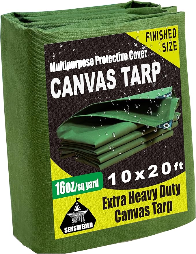 Large Canvas Tarp 10x20 Feet 16oz Extra Heavy Duty Green Cover with Grommets, Tearproof, Durable, Water-Resistant Canvas Tarp Cover for Woodpile,Roof,Camping,Industrial Use
