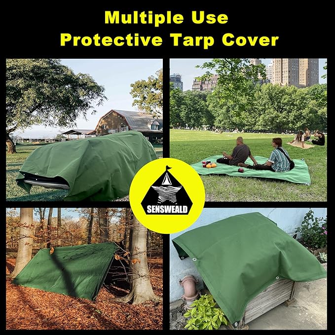 Heavy Duty Canvas Tarp 6x6 Feet 16oz Water-Resistant Canvas Cover with Grommets，Tear Resistant, Durable, Multipurpose Protective Green Tarp Cover for Camping, Tent, Car