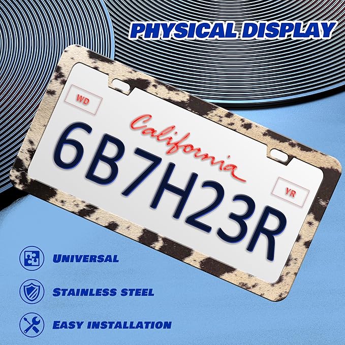 2 Pcs Brown Cow Print License Plate Frame Animal License Plate Frames Personalise Stainless Steel Funny Design Compatible with Standard License Plate Holder for USA Canada 6 X 12 Inch with Screws