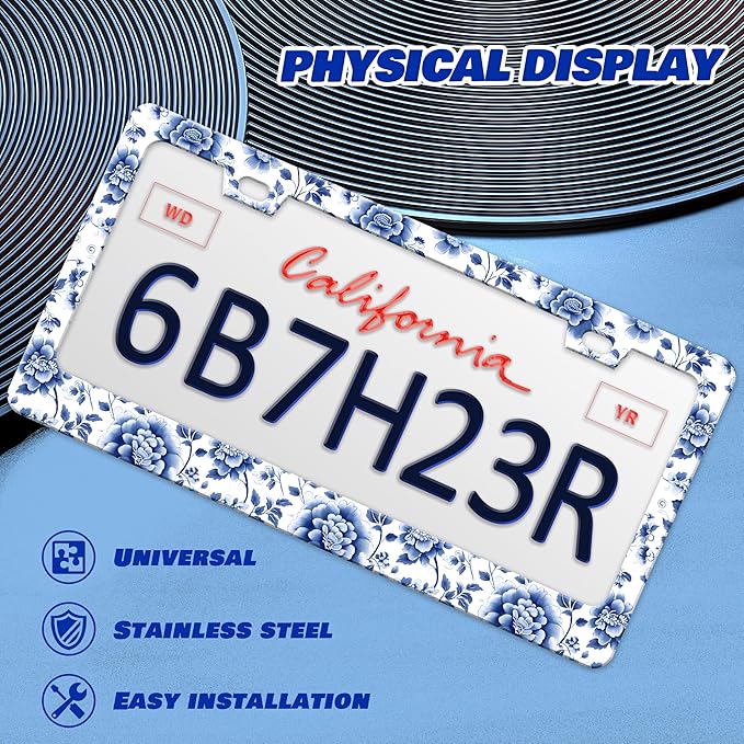 2 Pcs Blue White Porcelain Flowers License Plate Frame Floral License Plate Frames Personalise Stainless Steel Funny Design Compatible with Standard License Plate Holder for USA Canada 6 X 12 Inch