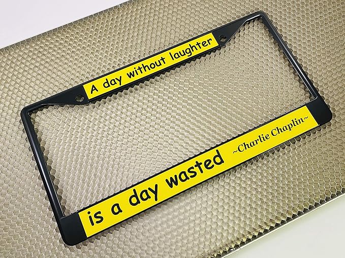 Custom Personalized Black Powder-Coated Metal Laser Engraved Standard Size - Car/Automobile License Plate Frame with Free caps - Yellow/Black Text (Qty: 1 Frame)
