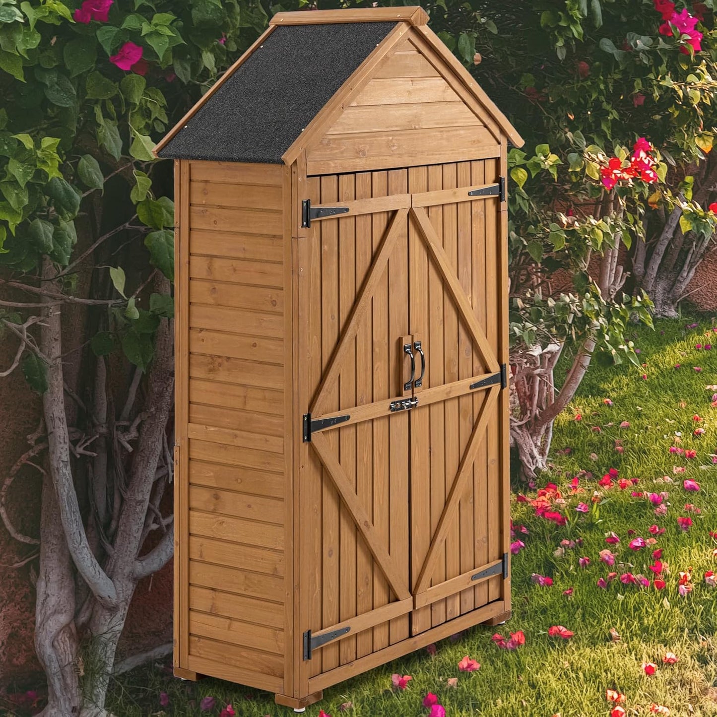 39.56"x 22.04"x 68.89" Outdoor Storage Cabinet with Removable Shelves, Waterproof Roof, and Adjustable Feet - Fir Wood Garden Tool Shed for Yard, Patio, Deck, and Garage,Yellow Brown