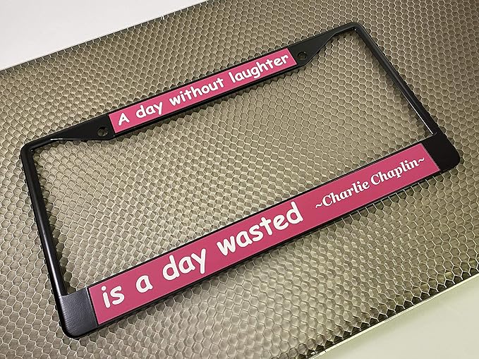 Custom Personalized Black Powder-Coated Metal Laser Engraved Standard Size - Car/Automobile License Plate Frame with Free caps - Pink/White Text (Qty: 1 Frame)
