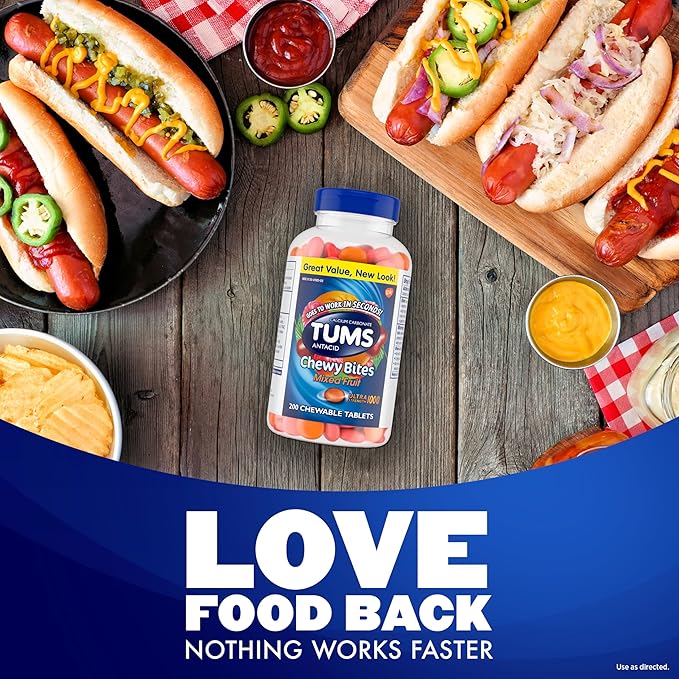 TUMS Chewy Bites Chewable Antacid Tablets for Ultra Strength Heartburn Relief, Great for a Summer BBQ- Mixed Fruit - 200 Count